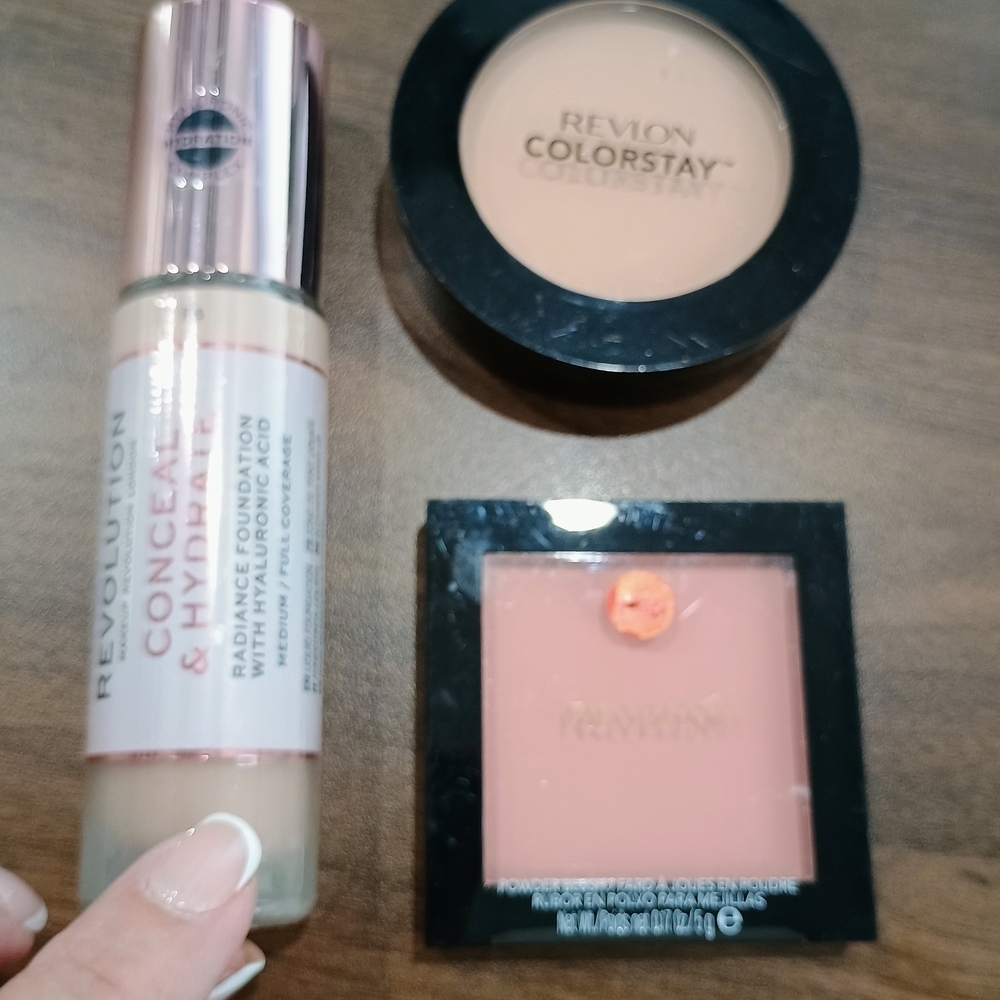 Revolution Conceal & Hydrate Foundation, Revlon Blush And Revlon Pressed Powder